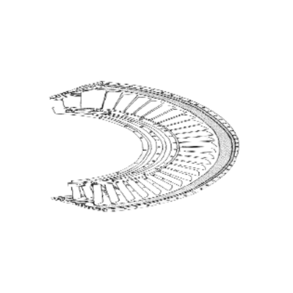 "Curved, intricate metallic framework resembling part of a circular machine component on a green background."