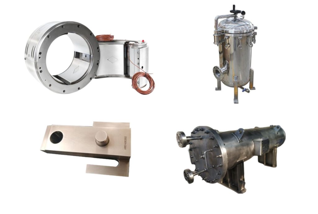 "Various industrial components including a large ring-shaped sensor, a cylindrical pressure vessel, a rectangular sensor, and a horizontal heat exchanger displayed on a white background."