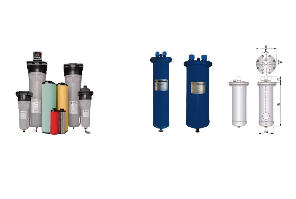 "Various industrial filters in different sizes and colors displayed on a white background, including detailed technical drawings."