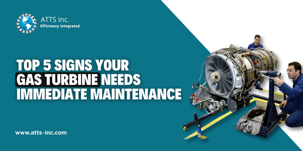 ATTS Inc. graphic showing technicians inspecting a gas turbine with text about signs it needs immediate maintenance