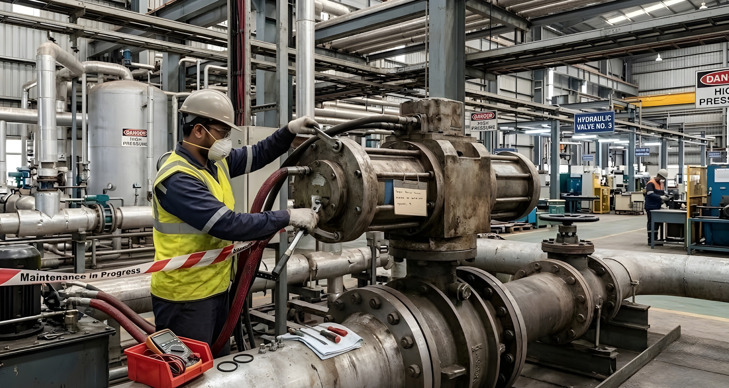 Technician performing maintenance on an industrial valve actuator in a plant