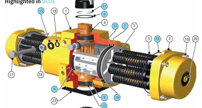 "Diagram of an industrial pump with labeled components, highlighting the parts included in the seal kit in blue."