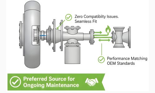 An illustration of a turbine part with labels highlighting benefits such as zero compatibility issues, seamless fit, performance matching OEM standards, and being a preferred source for ongoing maintenance