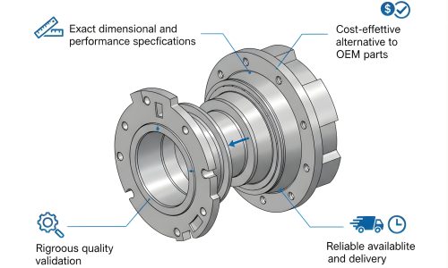An illustration of a turbine part with labeled benefits, including exact dimensional specifications, cost-effective alternatives to OEM parts, rigorous quality validation, and reliable availability and delivery